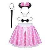 iEFiEL Mädchen Kostüm Mini Maus Polka Dots Tutu Minirock mit Ohren Harreif, Schwanz, Fliege für Geburtstag Karneval Fasching Cosplay Kostüm Verkleidung Rosa 104-116