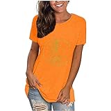 Star Moon T-Shirt Frauen Sommer Casual Print Tops Kurzarm Tunika Blusen mit Rundhalsausschnitt (L,Orange)