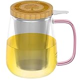 amapodo Teeglas mit Sieb und Deckel - Tee Glas Tasse groß 700ml - XXL Trinkglas Set mit Henkel Rosa - Glastasse plastik