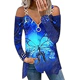 Damen Off Shoulder Tuniken Bunt Blumenmuster Langarmshirts mit V-Ausschnitt Reißverschluss Sexy Schulterfrei Langarm T-Shirt mit Kettenriemen Mode Elegant Shirt Lässig Locker Longshirt Tunik