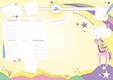 Schreibtischunterlage Kinder aus Papier in Gelb / Rosa mit Einhorn Motiv | 50 Blatt zum Abreißen in DIN A2: | Schreibtisch Unterlage für M