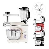 Arebos 6-in-1 Küchenmaschine 1500W Creme | Fleischwolf | Blender | Nudelmaschine | Knetmaschine mit Edelstahl-Schüssel 5,5 L | Küchenmixer mit Rührhaken, Knethaken, Schneebesen, Sp