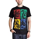 Elbenwald Harry Potter T-Shirt Hogwarts Hauswappen Gryffindor Slytherin Hufflepuff Ravenclaw Distressed Frontprint schwarz - XXXL