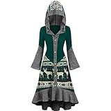 Graceyo Weihnachtskleid Damen Vintage Gothic Kleid Wickelkleid Weihnachten Drucken Rüschen Umhang Pullover Kleid Mit Kapuze Frauen Abendkleid Cocktailkleid Partykleid Festlich Kleidung