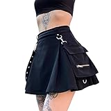 Damen Gothic Plissee Miniröcke Hohe Taille Kurze A-Linie Flare Rock Kleid mit Taschen für Punk Gothic Girls (Schwarz, S)