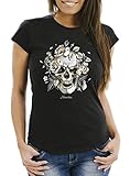 Neverless® Damen T-Shirt Totenkopf Rosen Skull Roses Schädel Slim Fit schwarz M