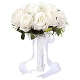 Brautstrauss Hochzeit Blumenstrauß Koreanischen Stil weiß Gefälschte Rose Braut Bouquet Blume Brautstrauss Blumenstrauß Hochzeit Künstlich Blume mit Strass für Hochzeit, Fotoshooting