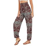 Sommerhose Damen Leicht Lang mit Taschen Hohe Taille Yoga Boho Hose Elegant Haremshose Stoffhose Freizeithose Pluderhose Schlup