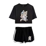 GUGU Frühling Und Sommer Mädchen Damen Schwarz T-Shirt Shorts Anzug Gacha Life Printed T-Shirt Lose Shorts Anzug