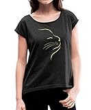 Spreadshirt Katzengesicht Zeichnung Katze Frauen T-Shirt mit gerollten Ärmeln, L, Schw