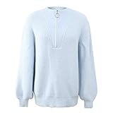 SHOWSHY Damen Oberteile Langarm V-Ausschnitt Reißverschluss Loose Fit Strickmantel Sweatjacken Pulli Strick-Pullover Herbst Winter Frauen Casual Basic Einfarbig Elegant Strickhemd Sweatshirt Jump