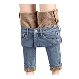 Damen Thermo-Jeans Winter-Gefüttert-Warm Thermohose: High Waist Fleece Jeanshose Straight Lang Winterhose Damen Thermo Fleecehose Warm Leicht Outdoor Sp