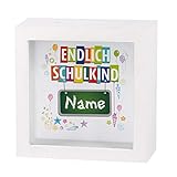 Striefchen® Geldgeschenk zur Schuleinführung EIN Bilderrahmen mit Geldschlitz als Spardose - Endlich Schulkind - mit Namen des Schulanfängers ohne F