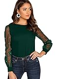 DIDK Damen Elegant Blusen Chiffonbluse Rundhals Einfarbig Langarmshirts Perlenbesetztes Mesh-Oberteile Mit Perlen Dunkelgrün M