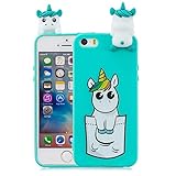 Yobby Hülle für iPhone SE/5S/5,Hellblau Silikon 3D Cartoon Tiere Motiv Handyhülle,Teenager Mädchen Kinder Süß Kawaii Pferd Schale,Weich Gummi Flexibel Gel Kratzfest Back