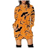 Briskorry Hoodie Kleid Damen Mit Kapuze Langarm Kleider Frauen mit Taschen Halloween Pattern Kapuzenpullover Rundkragen Kleider Knielang Locker Winterk