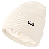 Satin gefütterte Wintermütze für Frauen Strickmütze mit Seidenfutter Unisex Solid Skull Cap, Weiß, Einheitsgröß