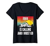 Damen Iran Is Calling And I Must Go, Wellenförmiges Sonnenuntergang-Design T-Shirt mit V