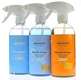 Jemako Reiniger im Set - 1 x 500ml Intensivreiniger ECO Plus - 1 x 500ml Sanitärgrundreiniger - 1 x 500ml Glasreiniger - inkl. Sinland Microfasertuch & 3 x Schaumpump