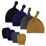 Durio Neugeborenes Babymütze und Handschuhe Set Knoten Beanie Hut Kratzfäustlinge Baby Jungen Mädchen 0-6 Monate 4er Set Schwarz Dunkelgrau Navy