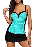 Aleumdr Bademode Tankini Set Damen Ruched Badeanzug bauchweg Push up mit Bügel Oversize gut elastisch S-XXXL, Grün, Large (EU44-EU46)