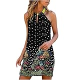 Sommerkleid Damen, Kleider Damen Sommer Kurz, Kleid Damen Elegant, Damen Sexy Metall Hängehals hohles ärmelloses Minikleid Loses Buntes Druck Strandk