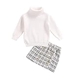 2 Stück Kleinkind Mädchen Kleidung Anzug Langarm Top Rollkragen Pullover Knit Tank Top Bluse Partykleid Plaid Tutu Kleid A-Linie Mini Kurzer Rock mit Knöpfen Casual Outfits, weiß, 4-5 J