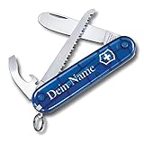 Victorinox Kinder Taschenmesser My First Wunschdruck I Name auf der Schale I Geschenk für Kinder I zum Geburtstag I Schweizer Taschenmesser personalisiert 9 Funktionen 0.2373.T (blau transparent)