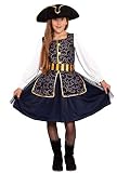 Magicoo Elegantes Piratenkostüm Mädchen Kinder Blau/Gold Gr 110 bis 146 inkl. Kleid & Hut - Piraten Kostüm Fasching (122/128)