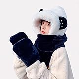 QQYY Niedliche Panda Tier Wintermütze 3-in-1 Warm Plüsch Hoodie Kapuze Klaue Handschuhe Handschuhe Schal Set-EIN Muss Für Mädchen,Schw