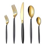 HOMQUEN 30-Teiliges Besteckset aus Schwarzgold, Edelstahl Besteck Set, Titan Gold Löffel und Sprühfarbe Griff Besteck Set, Service Set für 6 (Mattschwarz mit Glänzendem Gold)