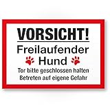 Komma Security Vorsicht freilaufender Hund - Hunde Kunststoff Schild Hinweisschild Gartentor Gartenzaun - Türschild Haustüre Warnschild Abschreckung Einbruchschutz - Achtung H