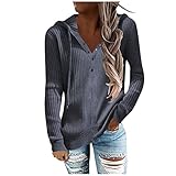 Fauler Stil Pullover Hoodie Damen V-Ausschnitt Kapuzenpullover Frauen Knopfleiste Ausschnitt Langarm Pullover Sweatshirt mit Kapuze Lose Casual Oberteil Lange Ärmel Tops Einfarbig Übergangsjack