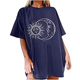 Oversize Tshirt Lang Damen Vintage Kurzarm Tshirt Teenager Mädchen Retro Shirts Sonne und Mond Drucken Bluse Locker T-Shirt Herren Rundhals Sommer Oberteile Sexy Sport Tshirt Wilde Kerle T
