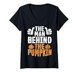 Damen Lustiges Halloween The Man Behind The Pumpkin Tee Papa Ehemann T-Shirt mit V