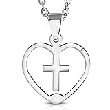 Bungsa® Kreuz in Herz Pendant Edelstahl silber (Latin Cross Religion Jesus Christus Kettenanhänger Amulett Medaillon Charm Beads Chirurgenstahl Damen Herren Schmuck)