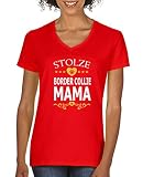 Comedy Shirts - Stolze Border Collie Mama - Damen V-Neck T-Shirt - Rot/Weiss-Gelb Gr. L