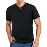 Henley Shirts für Herren Kurzarm Sommer Casual Slim Fit T-Shirt Rundhals Mode Sommer Knopfleiste Basic Baumwolle Schw