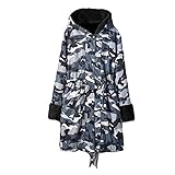 IQYU Damen Camouflage winddichter Innenplüschmantel langer großer Mantel zum Warmhalten Herbst- und Winterjacke Kapuzenmantel Fischschwanz langärmeliges Mantelgew