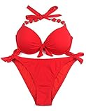 EONAR Damen Seitlich Gebunden Bikini-Sets Abnehmbar Bademode Push-up-Bikinioberteil mit Nackenträger, Rot, (Größe:40-42)70D/75D/80C/85B