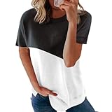 Tekaopuer Blusen für Damen, Sommer, kurzärmelig, Rundhalsausschnitt, Farbblock, locker, weich, lässig, T-Shirt, Schwarz , XXXXL