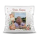 Kinder-Kissen mit Füllung - Giraffen-Motiv - mit Foto & Text selbst gestalten - Geschenk für Mädchen & Jungen, Taufe, Geburtstag, Weihnachten I Personalisiert, Kissen Polyester Weiß, 40x40