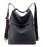 KALIDI Damen Canvas Tasche Schultertasche Rucksack Groß Handtasche Vintage Damen Umhängentasche 2 in 1 Anti Diebstahl Tasche Leder Hobo Tasche für Alltag Büro Schule Ausflug Einkauf,Schw