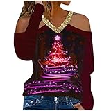 Weihnachtsbaum-Druck Schulterfrei Oberteile für Frauen V Ausschnitt Langarmshirts Sweatshirts Casual T-Shirts Lose Tunika Bluse, wein, X-Larg