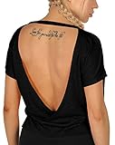 icyzone Damen T-Shirt Rückenfrei Sport Kurzarmshirt Loose Casual Oberteile Yoga Top (S, Schwarz)