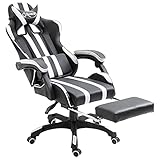 Gaming-Stuhl mit Fußstütze Weiß Kunstleder Ergonomischer Bürostuhl Gaming-Rennstuhl, Computer-Stuhl, verstellbare Kopfstütze mit hoher Rück