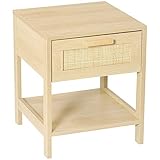 HOMCOM Nachttisch Nachtschrank Beistelltisch natürlicher Nachtkommode mit Schublade offenen Ablage Rattan-Design MDF Natur 40 x 40 x 48