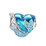 FOREVER QUEEN Damen Herz Mom Meerjungfrau Charms Anhänger für Armbänder 925 Sterling Silber Charm Bead Herzform Blaue Charm Perfektes Muttertagsgeschenk Mit Geschenkbox