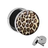 Treuheld | Leo Ohrstecker zum Schrauben - Leopard - schwarz-grau Fell - Motiv Fake-Plug Ø 10mm Silber - Edel-Stahl Ohr-Ringe - Chirurgen-Stahl 316L Fake-Tunnel - Gewinde Ohr-Steck