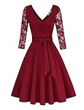 KOJOOIN Damen Spitzenkleid Vintage 50er V-Ausschnitt Abendkleid Rockabilly Retro Kleider Hepburn Stil Cocktailkleid Langarm Weinrot【EU 48】/XXL